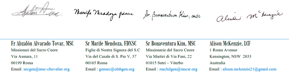 Sign Head Letter to the members of the Chevalier Family: MSC, MSC Sisters, FDNSC, Laity of the Chevalier Family MSC